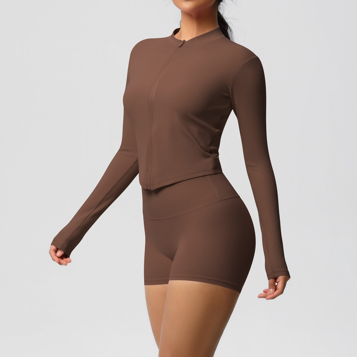 Brushed Nude Feel Slim Shorts Yoga Long Sleeve Zipper Breathable Fitness Running Training Set - ALTARIA