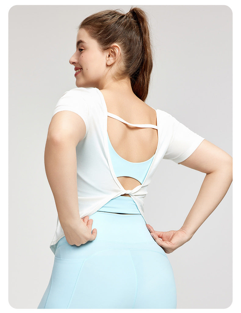 Plus Size Blouse Women Backless Twist Yoga T shirt Short Sleeve Plump Girls Lightweight Breathable Sports Fitness Top - ALTARIA