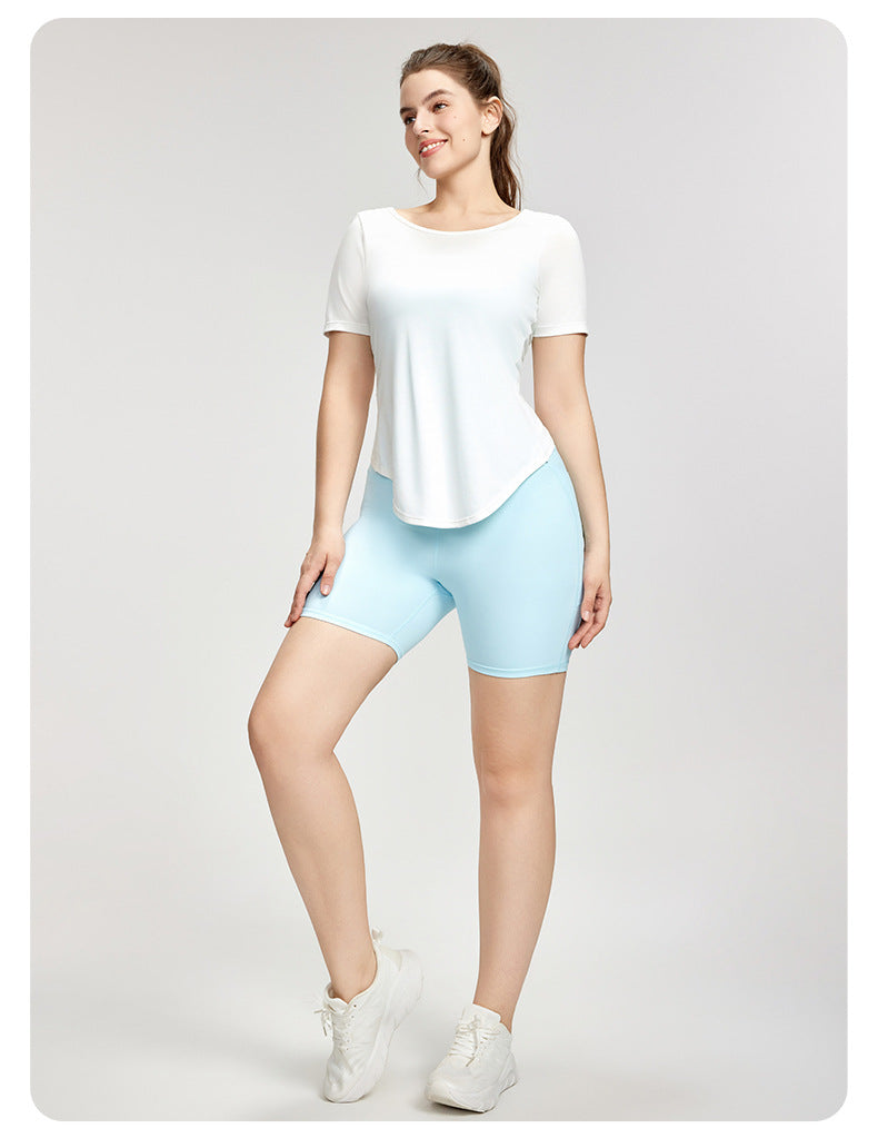 Plus Size Blouse Women Backless Twist Yoga T shirt Short Sleeve Plump Girls Lightweight Breathable Sports Fitness Top - ALTARIA