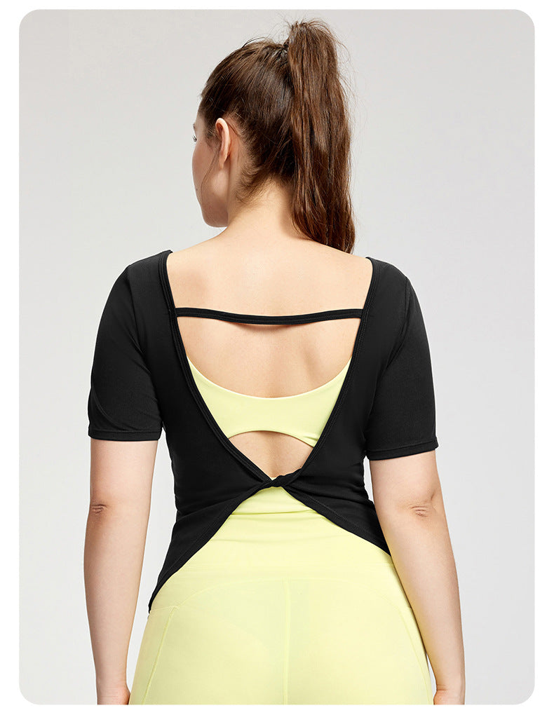 Plus Size Blouse Women Backless Twist Yoga T shirt Short Sleeve Plump Girls Lightweight Breathable Sports Fitness Top - ALTARIA