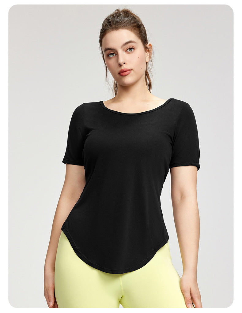 Plus Size Blouse Women Backless Twist Yoga T shirt Short Sleeve Plump Girls Lightweight Breathable Sports Fitness Top - ALTARIA