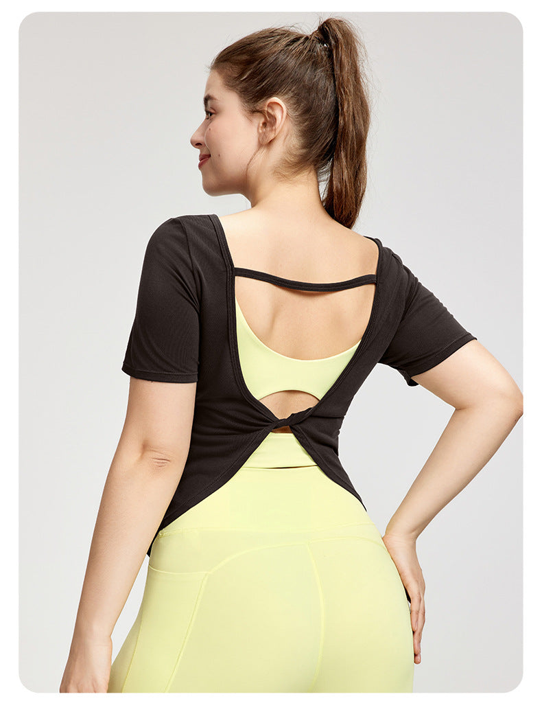 Plus Size Blouse Women Backless Twist Yoga T shirt Short Sleeve Plump Girls Lightweight Breathable Sports Fitness Top - ALTARIA