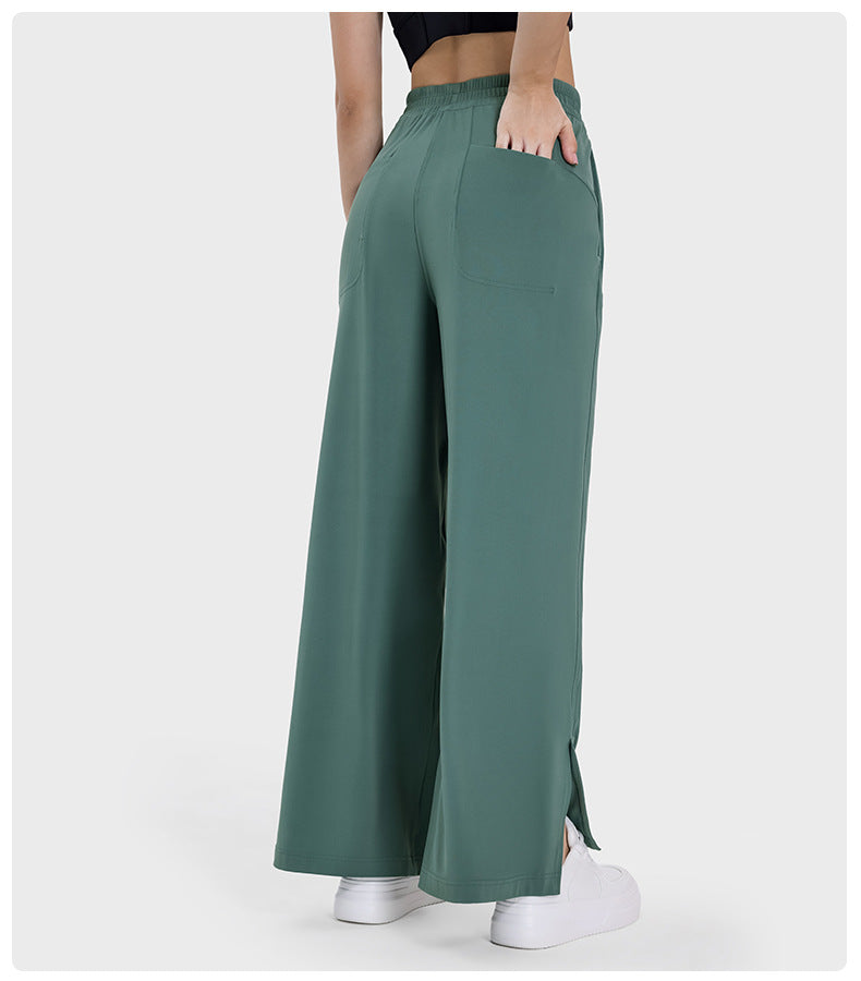 Girdle Drooping Straight Sports Yoga Pants Split Hem Side Pocket Wide Leg Trousers - ALTARIA