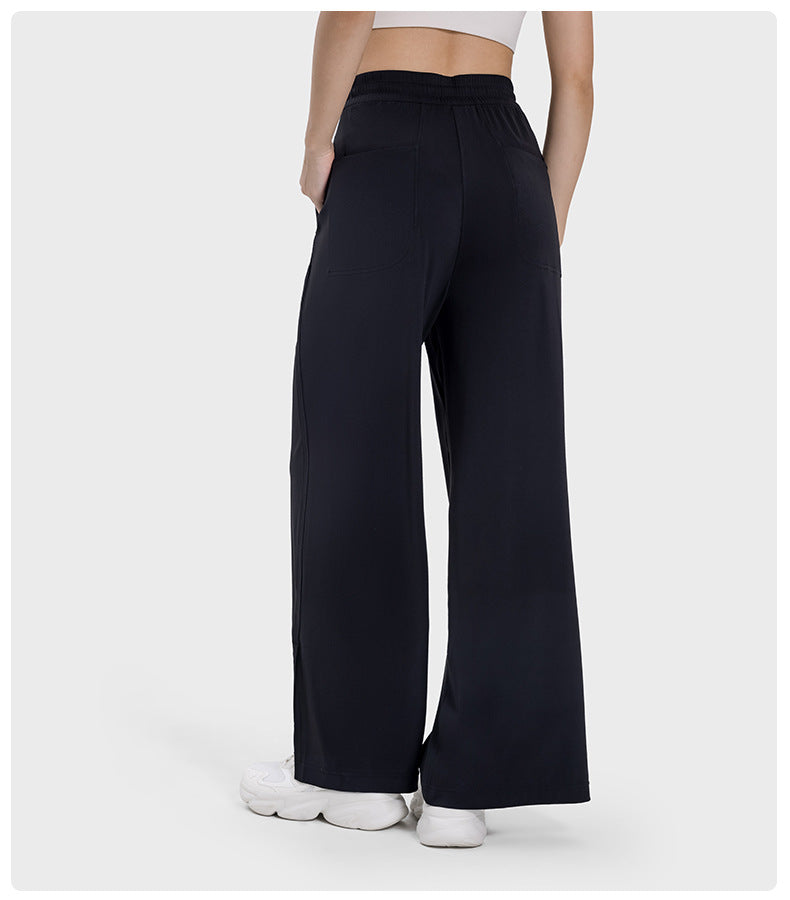 Girdle Drooping Straight Sports Yoga Pants Split Hem Side Pocket Wide Leg Trousers - ALTARIA