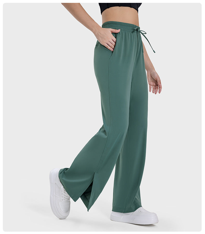 Girdle Drooping Straight Sports Yoga Pants Split Hem Side Pocket Wide Leg Trousers - ALTARIA