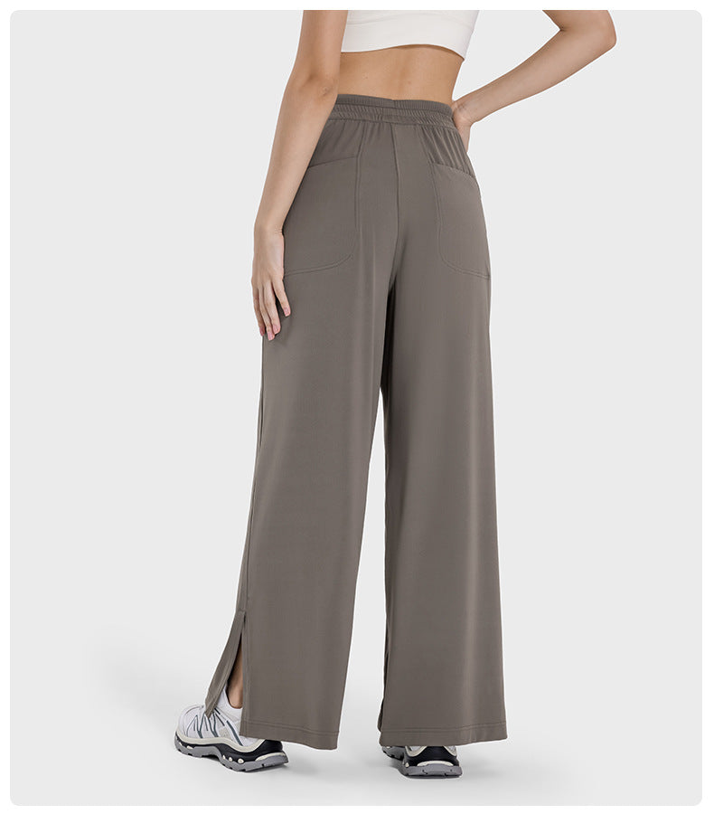 Girdle Drooping Straight Sports Yoga Pants Split Hem Side Pocket Wide Leg Trousers - ALTARIA