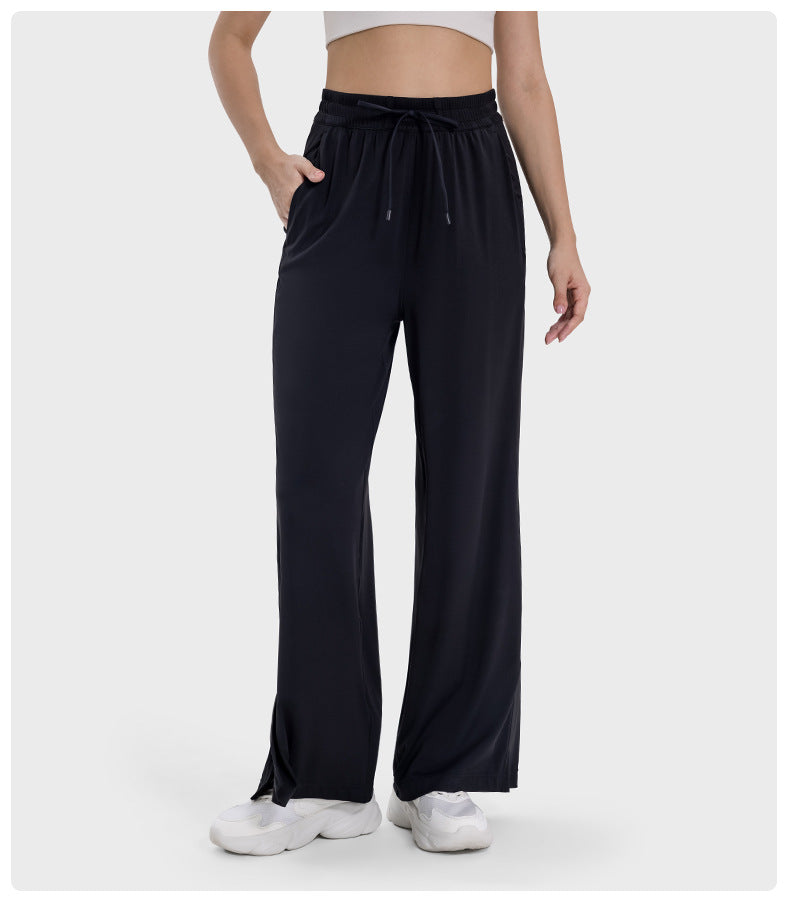 Girdle Drooping Straight Sports Yoga Pants Split Hem Side Pocket Wide Leg Trousers - ALTARIA