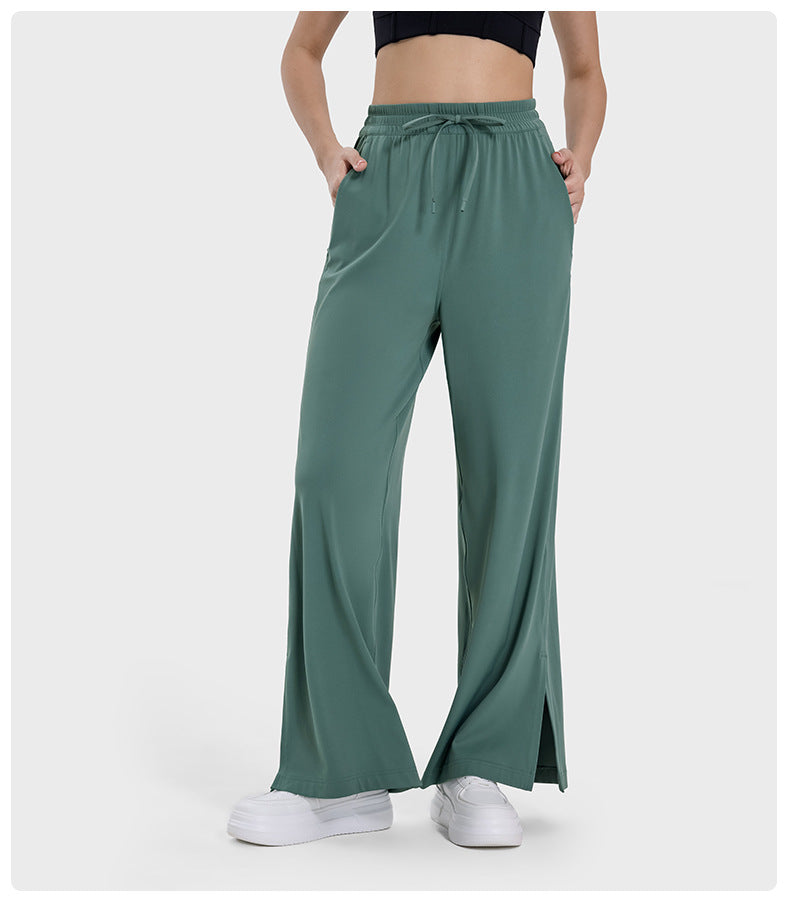 Girdle Drooping Straight Sports Yoga Pants Split Hem Side Pocket Wide Leg Trousers - ALTARIA