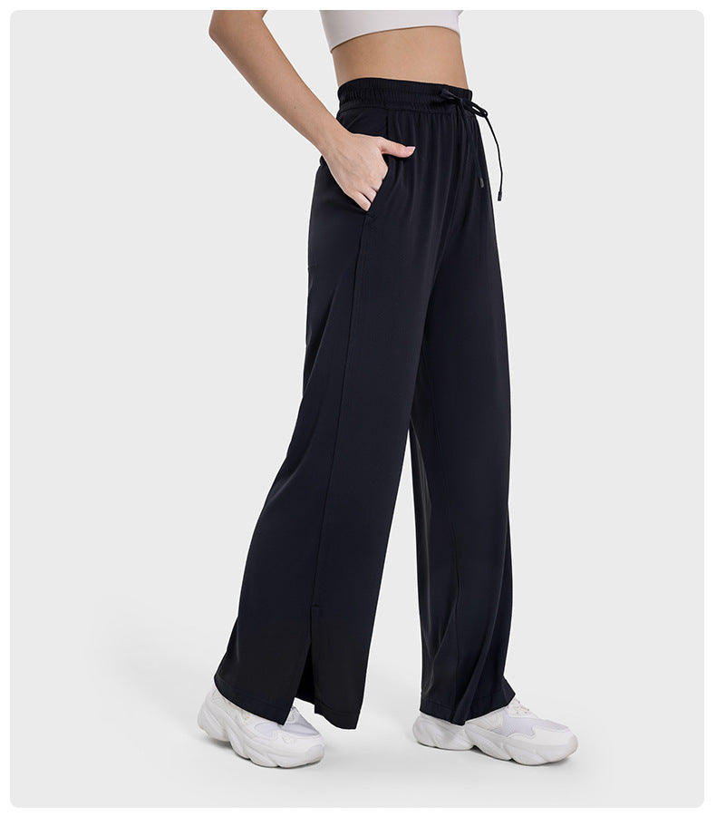 Girdle Drooping Straight Sports Yoga Pants Split Hem Side Pocket Wide Leg Trousers - ALTARIA