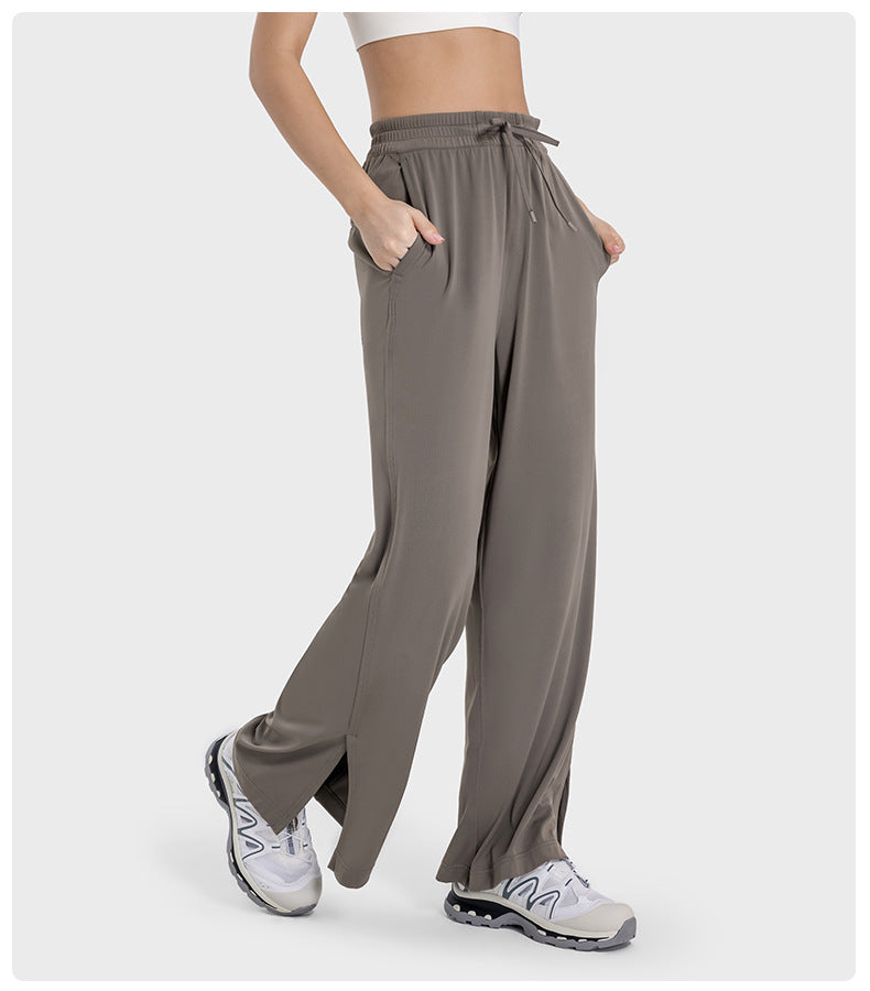Girdle Drooping Straight Sports Yoga Pants Split Hem Side Pocket Wide Leg Trousers - ALTARIA