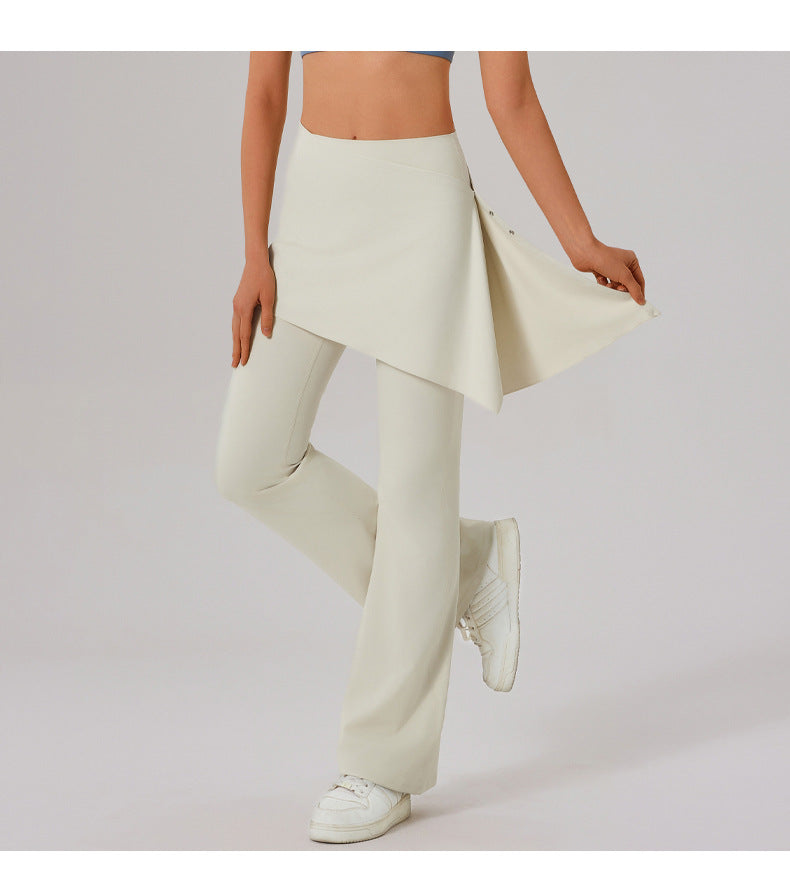 Nude Feel High Waist Workout Yoga Pants Women Stretch Slim Look Running Sports Casual Flared Pants Fart Curtain Two Piece Set - ALTARIA