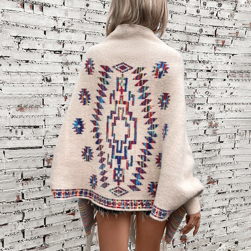 Aztec Sweater Cardigan Women Pop Geometric Abstract Jacquard Ethnic Tassel Shawl - ALTARIA