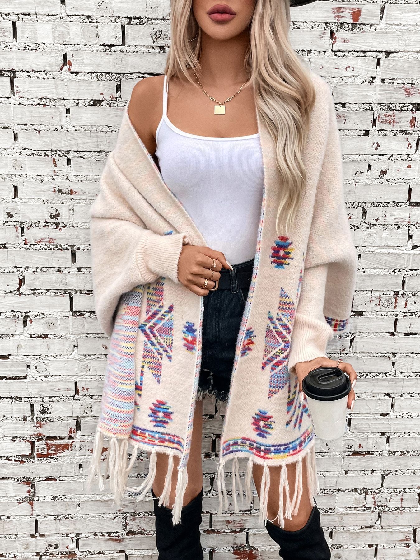 Aztec Sweater Cardigan Women Pop Geometric Abstract Jacquard Ethnic Tassel Shawl - ALTARIA