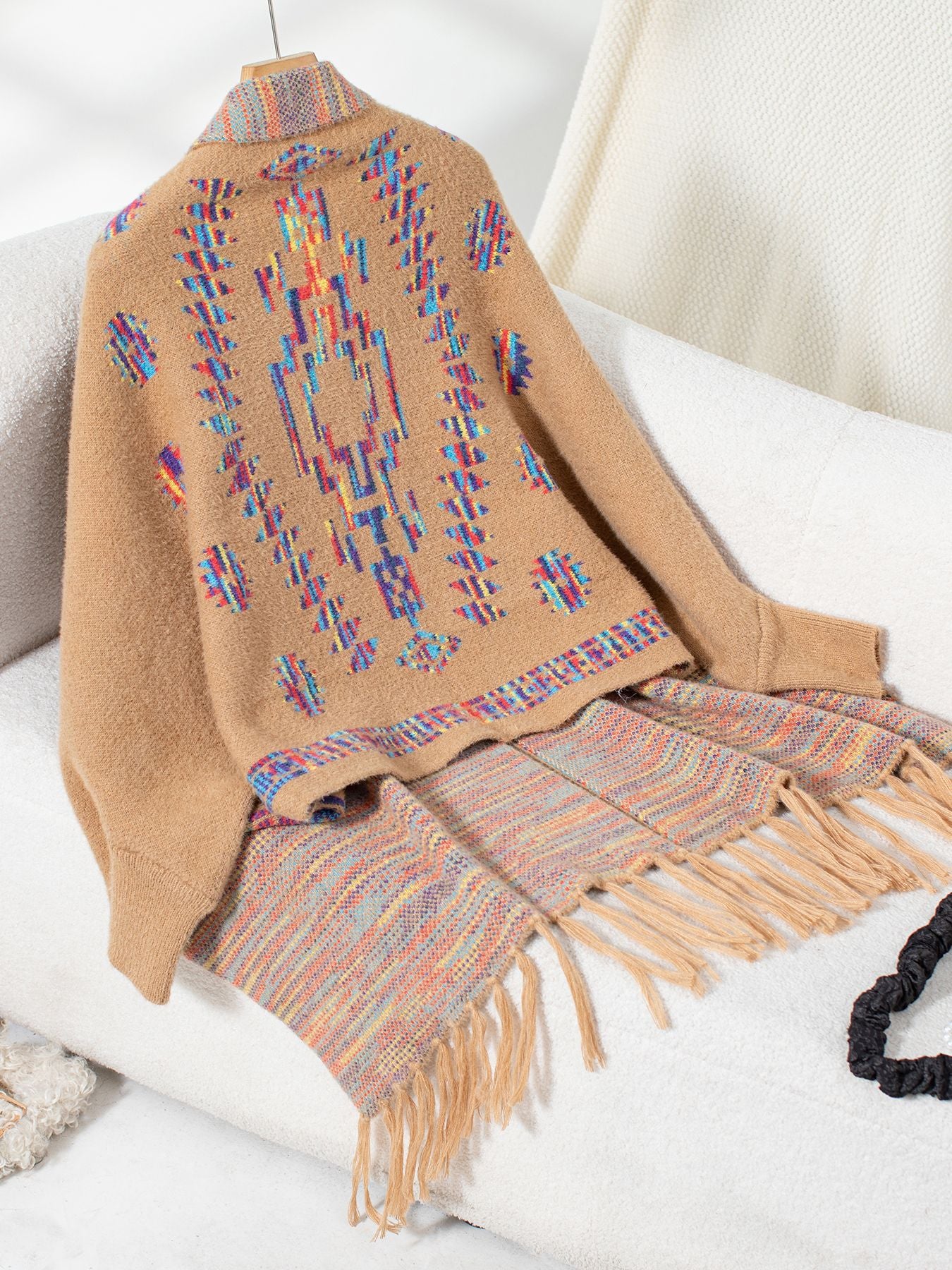 Aztec Sweater Cardigan Women Pop Geometric Abstract Jacquard Ethnic Tassel Shawl - ALTARIA