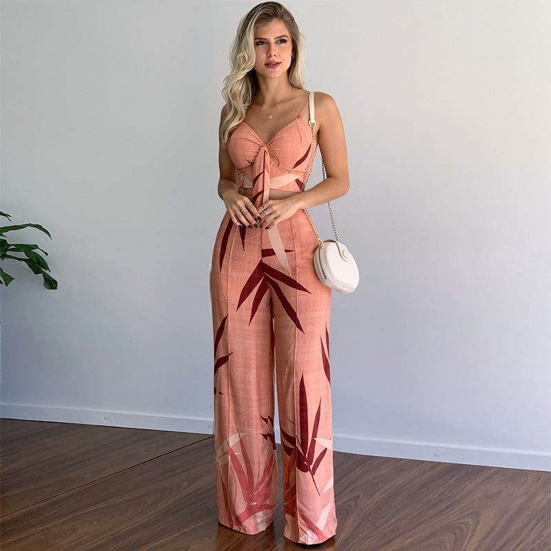 Women Clothing Imitation Linen Casual Sets V neck Short Vest High Waist Print Wide Leg Pants Two Piece Set - ALTARIA