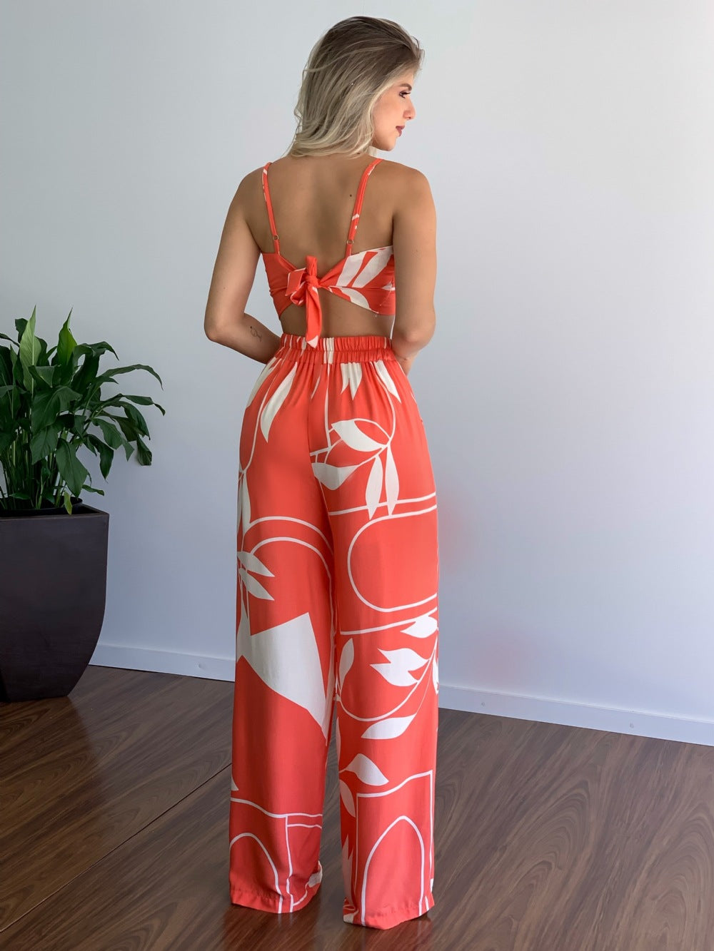 Women Clothing Imitation Linen Casual Sets V neck Short Vest High Waist Print Wide Leg Pants Two Piece Set - ALTARIA