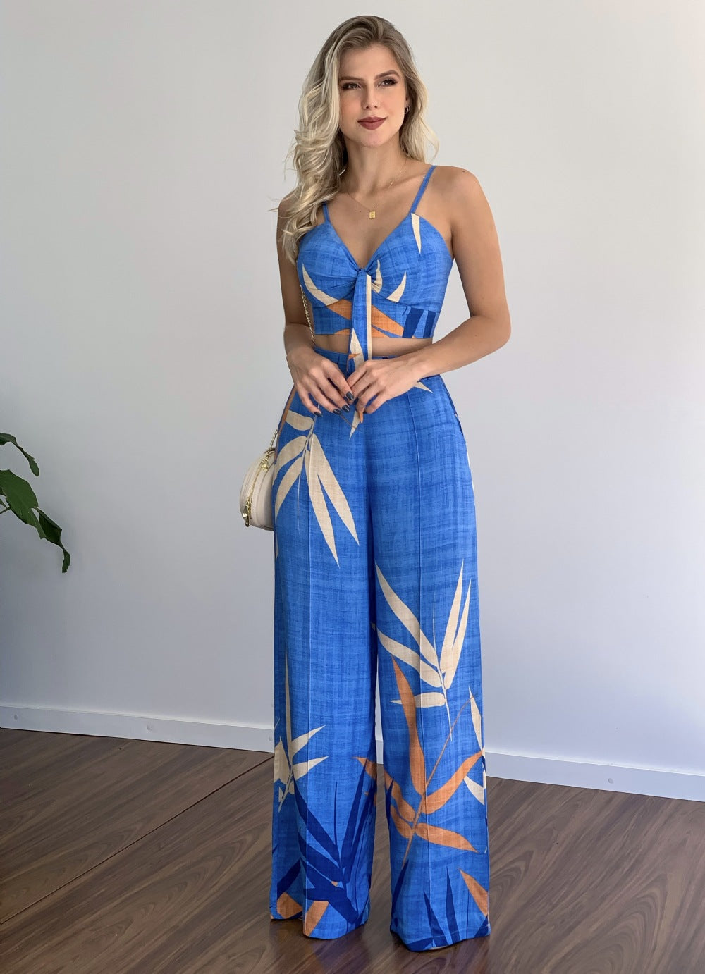 Women Clothing Imitation Linen Casual Sets V neck Short Vest High Waist Print Wide Leg Pants Two Piece Set - ALTARIA