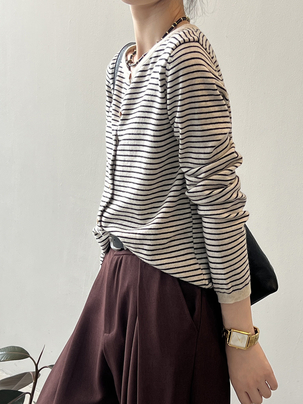 Contrast Color Striped Knitted Cardigan Women Spring round Neck Sweater Coat - ALTARIA