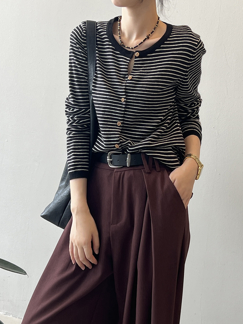 Contrast Color Striped Knitted Cardigan Women Spring round Neck Sweater Coat - ALTARIA
