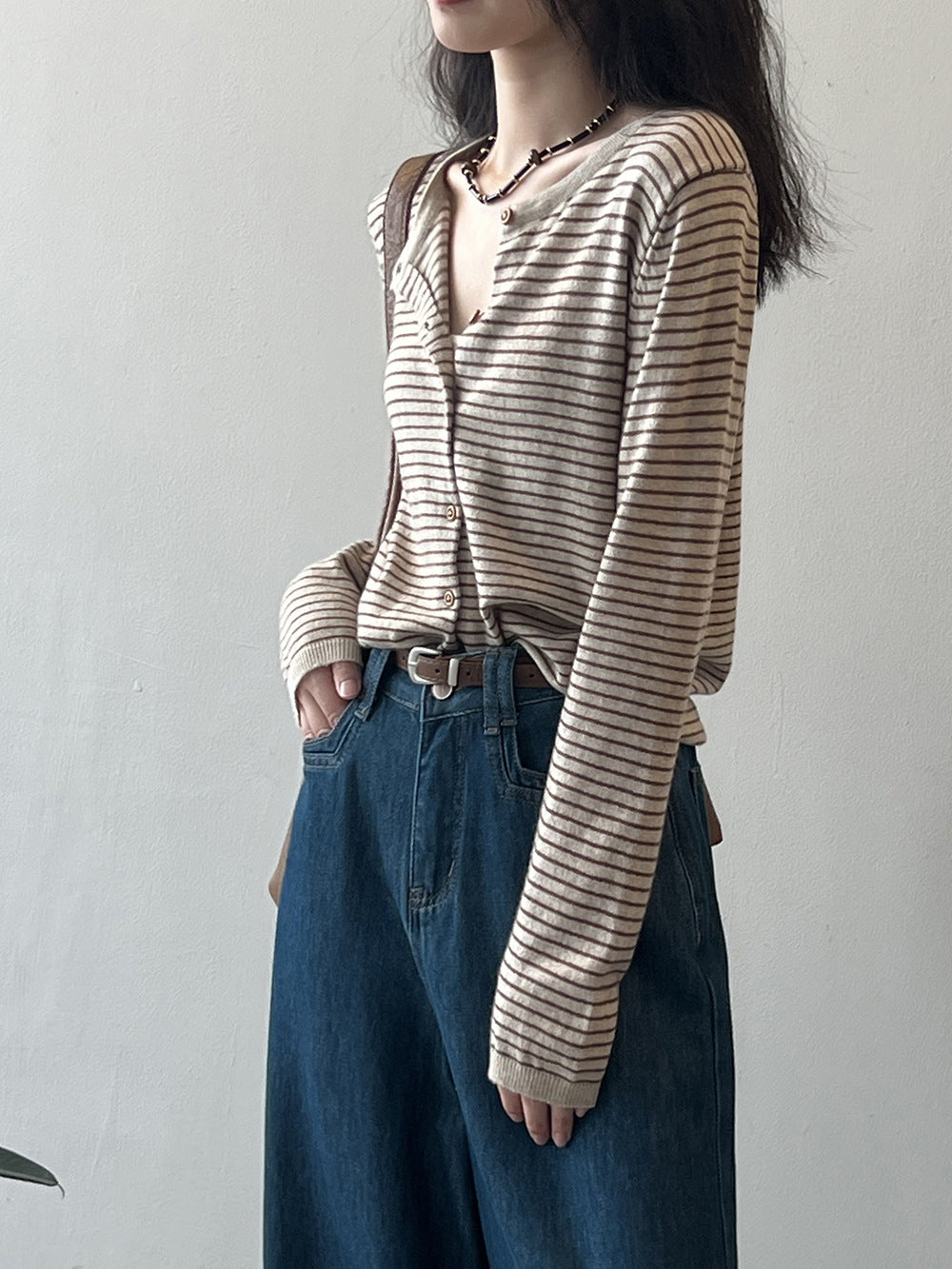 Contrast Color Striped Knitted Cardigan Women Spring round Neck Sweater Coat - ALTARIA