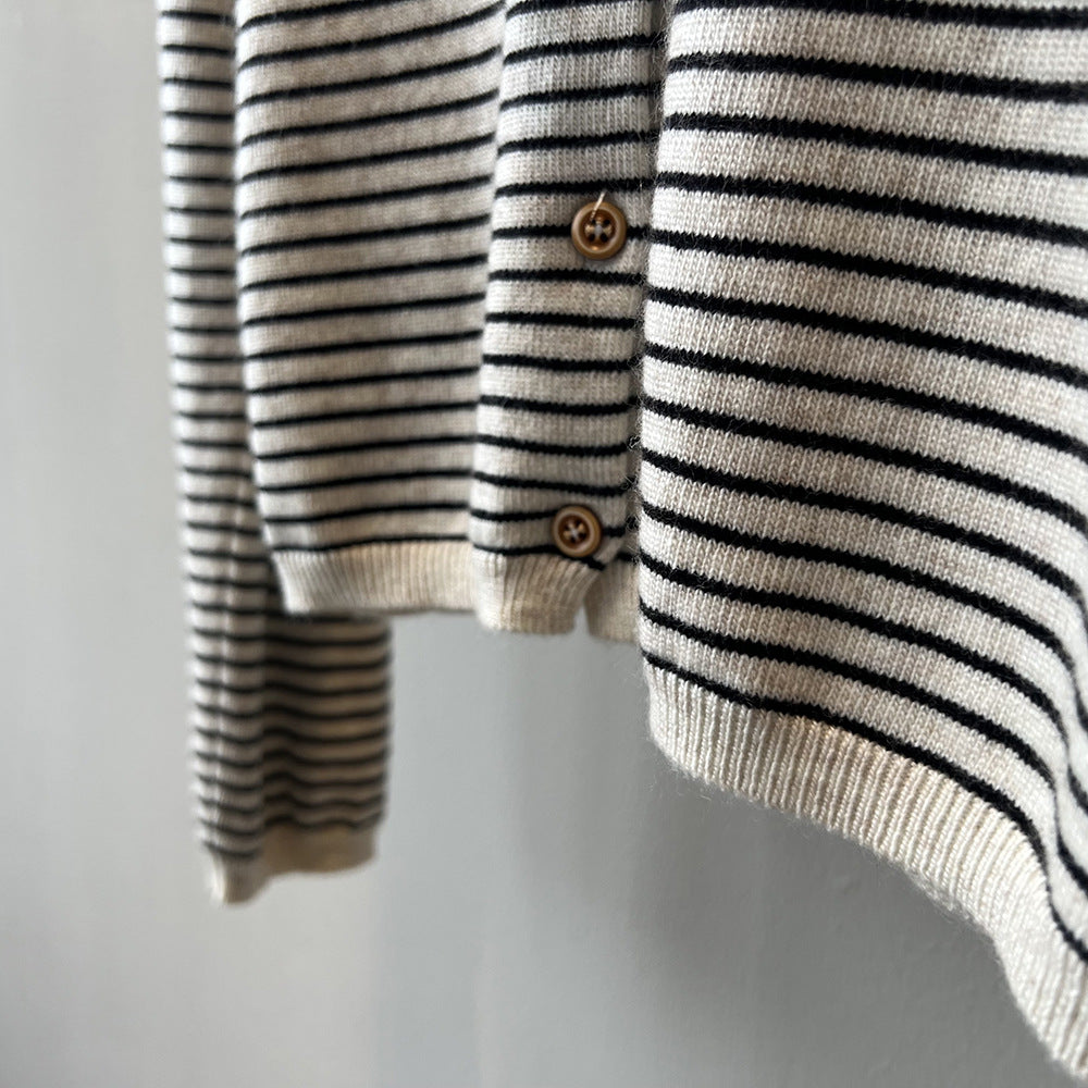 Contrast Color Striped Knitted Cardigan Women Spring round Neck Sweater Coat - ALTARIA