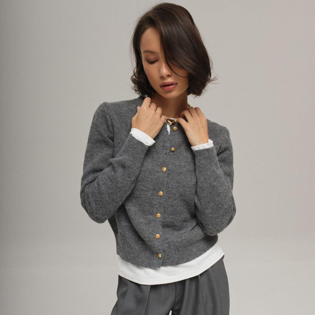 Small Golden Button All Matching Simple Knitted Cardigan Spring round Neck Cropped Sweater Coat - ALTARIA