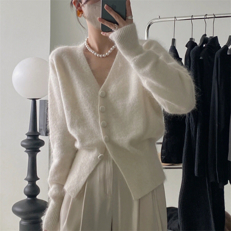 Solid Color Trendy Knitted Cardigan Women Autumn Loose V Neck Casual Fitted Waist Sweater Coat - ALTARIA