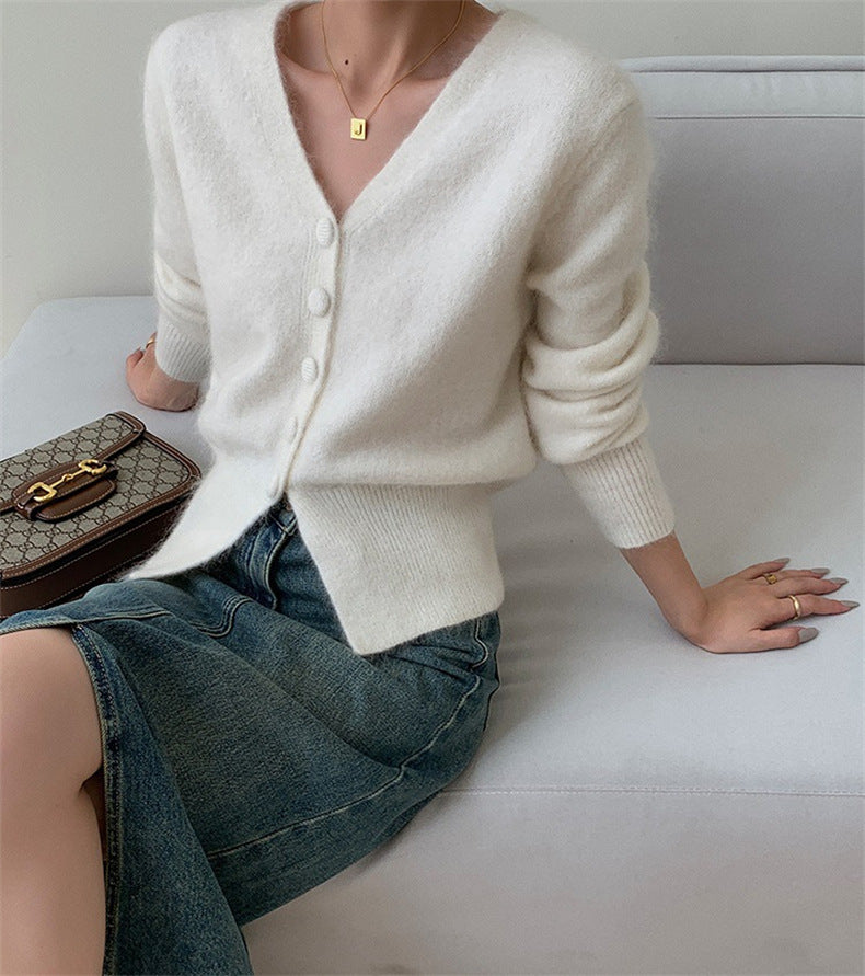 Solid Color Trendy Knitted Cardigan Women Autumn Loose V Neck Casual Fitted Waist Sweater Coat - ALTARIA