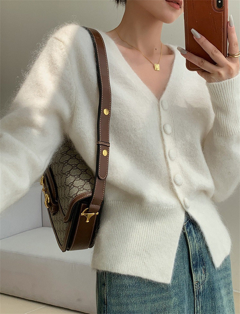 Solid Color Trendy Knitted Cardigan Women Autumn Loose V Neck Casual Fitted Waist Sweater Coat - ALTARIA