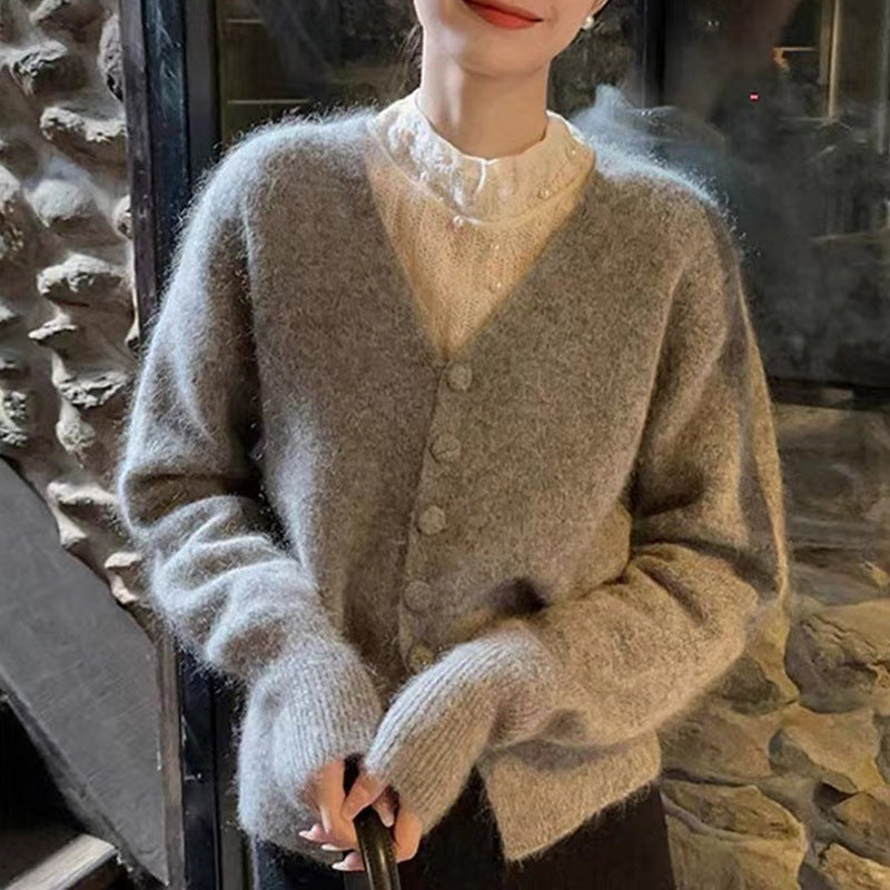 Solid Color Trendy Knitted Cardigan Women Autumn Loose V Neck Casual Fitted Waist Sweater Coat - ALTARIA