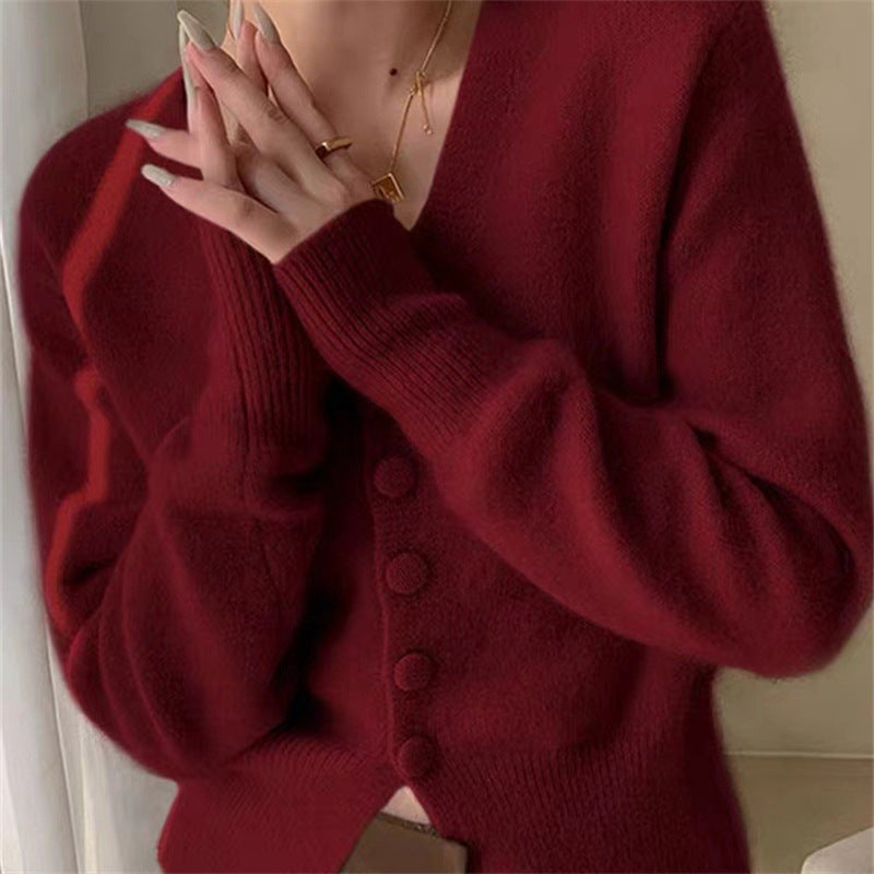 Solid Color Trendy Knitted Cardigan Women Autumn Loose V Neck Casual Fitted Waist Sweater Coat - ALTARIA
