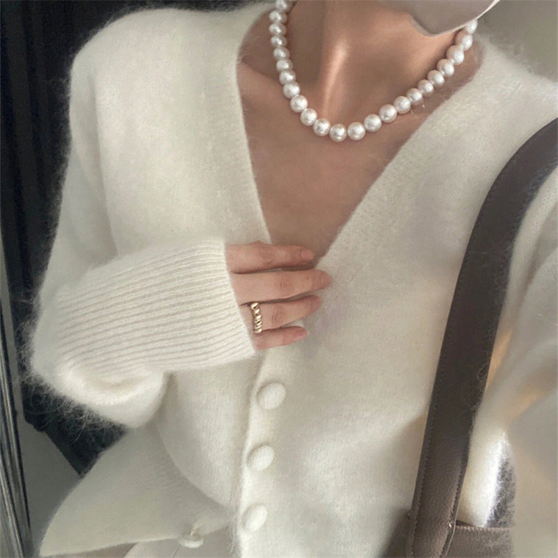 Solid Color Trendy Knitted Cardigan Women Autumn Loose V Neck Casual Fitted Waist Sweater Coat - ALTARIA