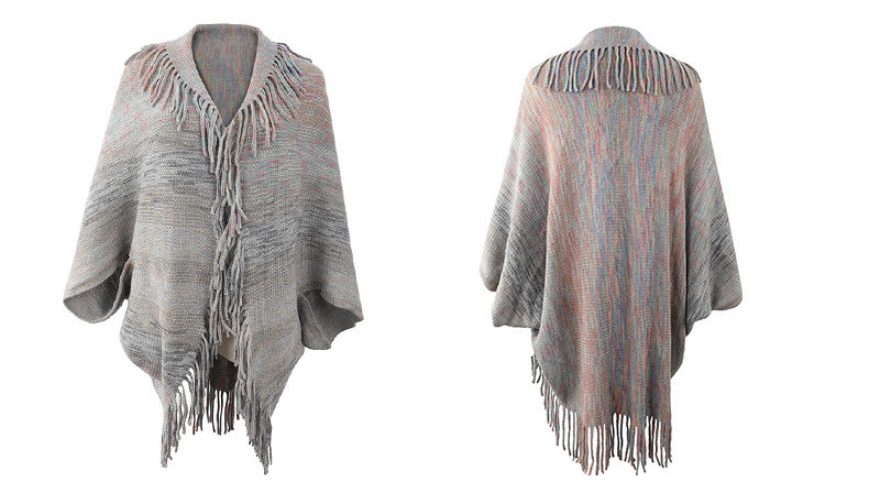 Autumn Winter New Shawl Cape Sweater Tassel Hem Color Cardigan for Women - ALTARIA