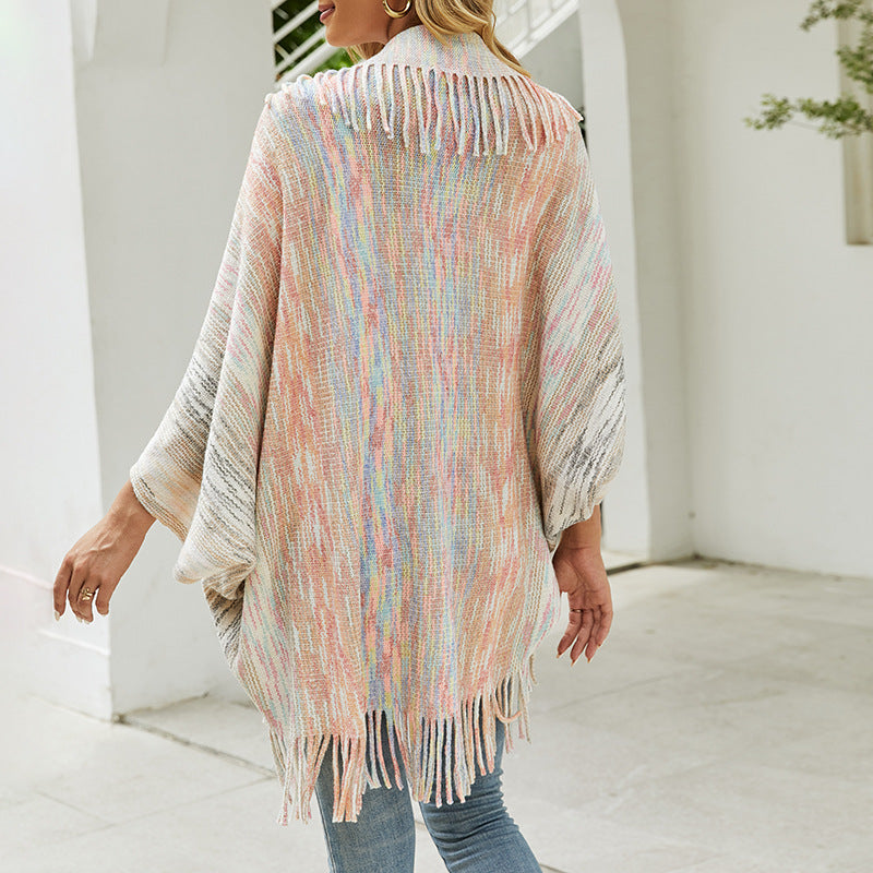 Autumn Winter New Shawl Cape Sweater Tassel Hem Color Cardigan for Women - ALTARIA