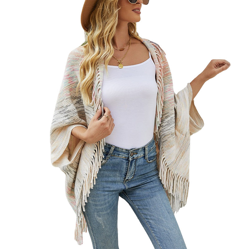 Autumn Winter New Shawl Cape Sweater Tassel Hem Color Cardigan for Women - ALTARIA
