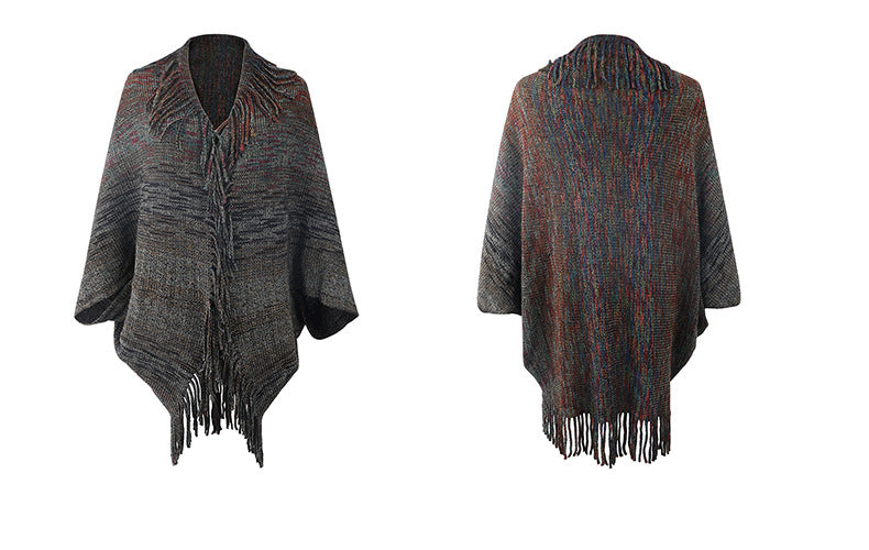 Autumn Winter New Shawl Cape Sweater Tassel Hem Color Cardigan for Women - ALTARIA
