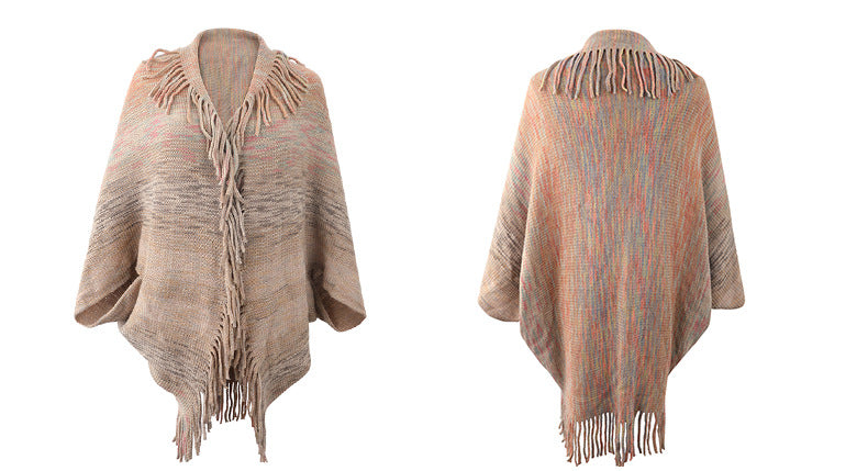 Autumn Winter New Shawl Cape Sweater Tassel Hem Color Cardigan for Women - ALTARIA