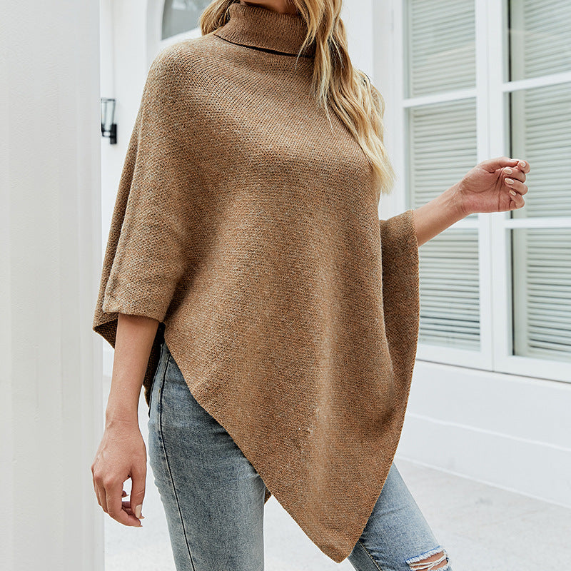 Autumn Winter Shawl Cape Solid Color Turtleneck Women Sweater - ALTARIA
