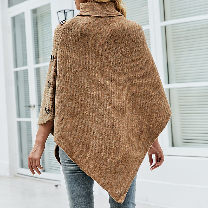 Autumn Winter Shawl Cape Solid Color Turtleneck Women Sweater - ALTARIA