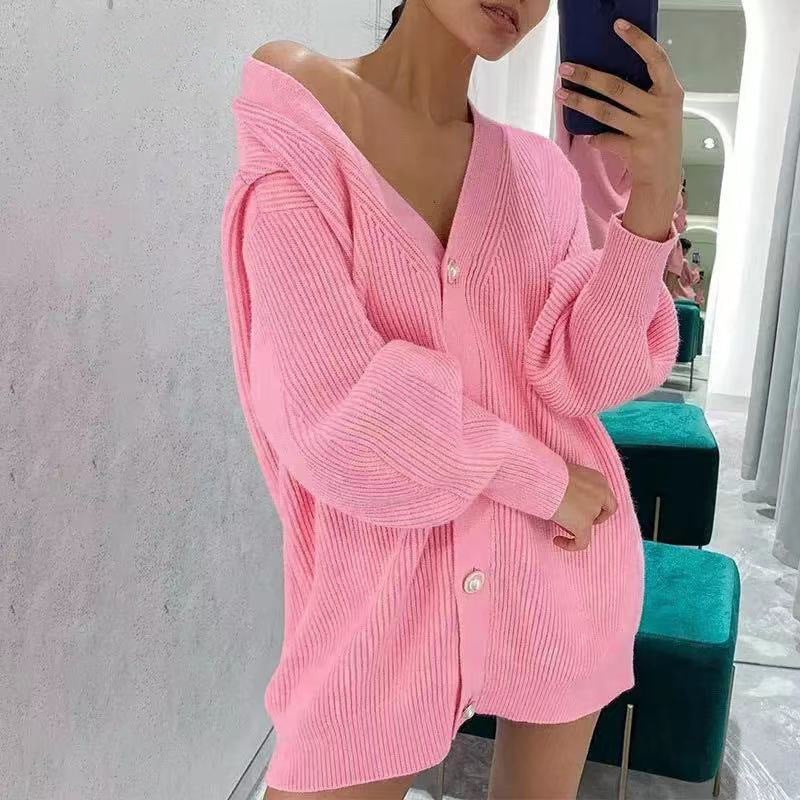 Sweater Coat Women Solid Color Casual Cardigan Loose Knitted Breasted Cardigan - ALTARIA