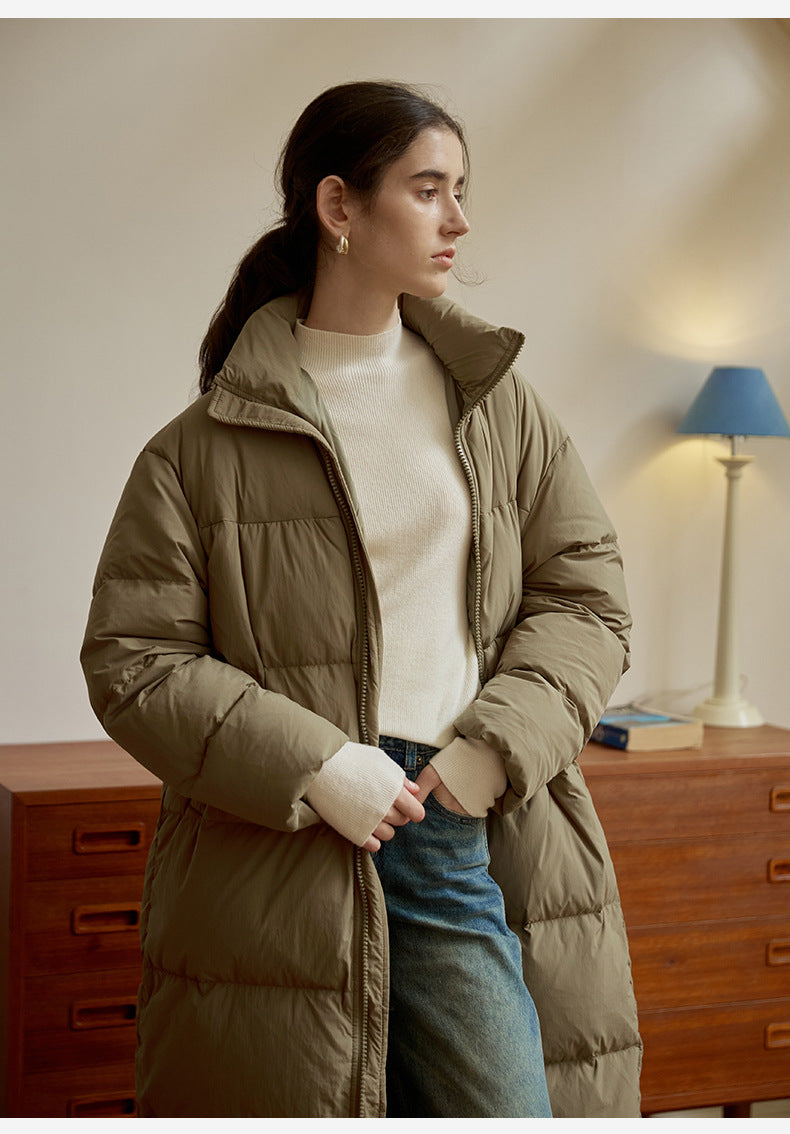 Zipper Snap on Half Turtleneck down Jacket Women Winter Warm Long Windproof Coat Three Dimensional Pocket Bread Coat - ALTARIA