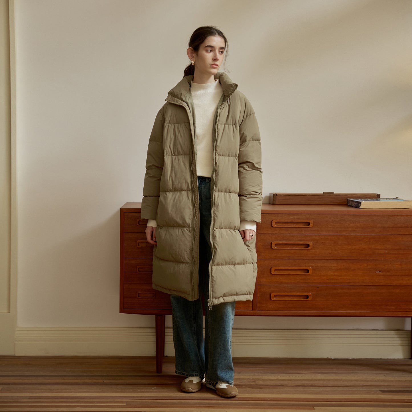 Zipper Snap on Half Turtleneck down Jacket Women Winter Warm Long Windproof Coat Three Dimensional Pocket Bread Coat - ALTARIA