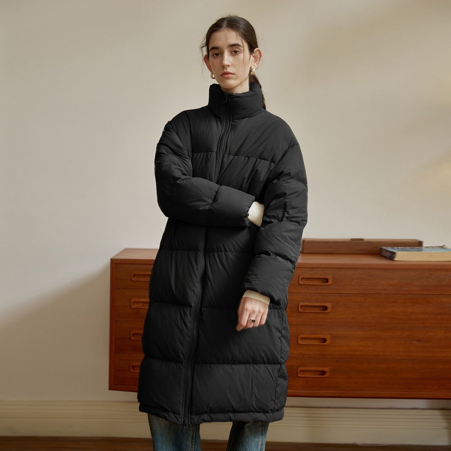 Zipper Snap on Half Turtleneck down Jacket Women Winter Warm Long Windproof Coat Three Dimensional Pocket Bread Coat - ALTARIA