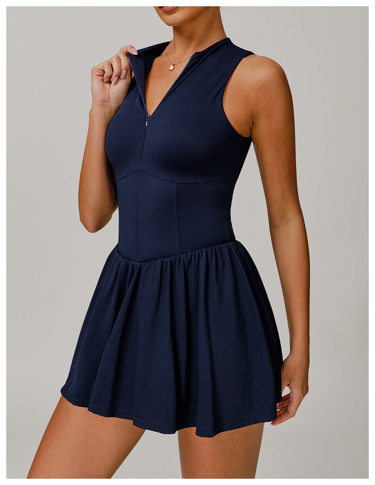 Sense Faux Two Piece Stand Collar Dress Outdoor Running Anti-Exposure Bottoming A line Dress Swing Tennis - ALTARIA