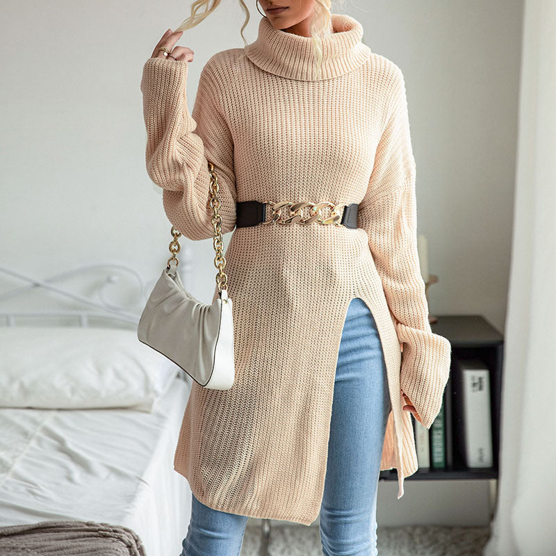 Arrival Autumn Winter Women Wear Solid Color Split Long Sleeve High Collar Sweater Dress - ALTARIA