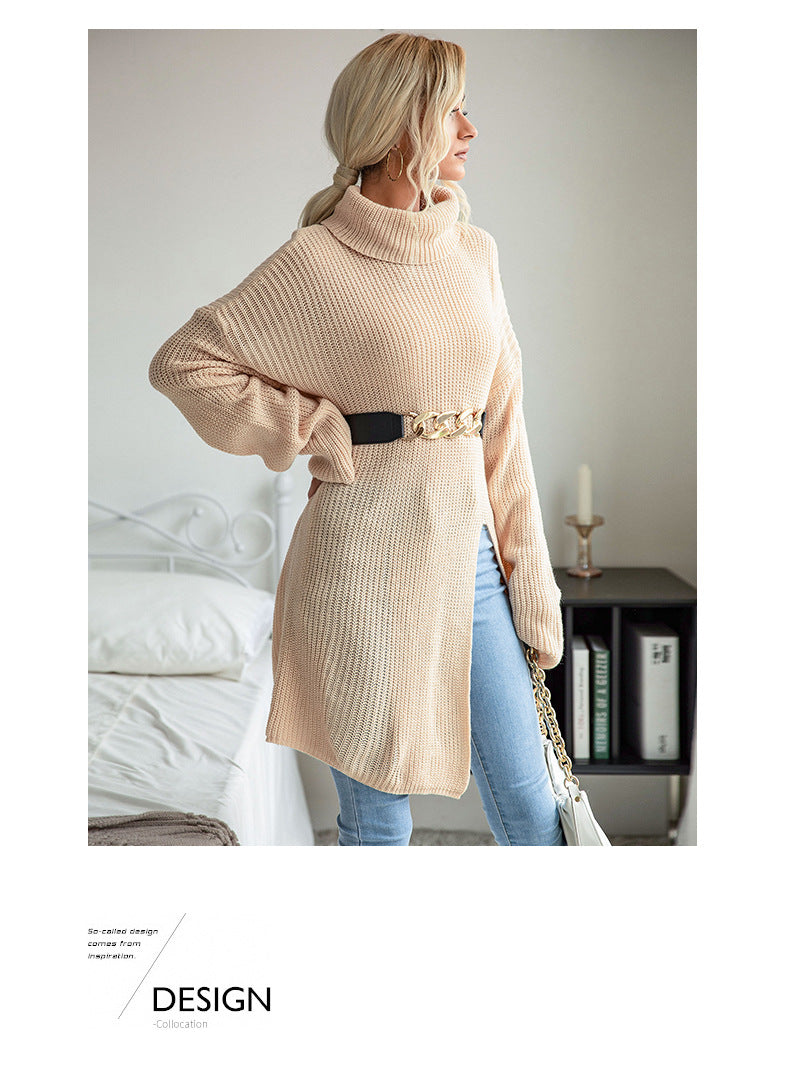 Arrival Autumn Winter Women Wear Solid Color Split Long Sleeve High Collar Sweater Dress - ALTARIA
