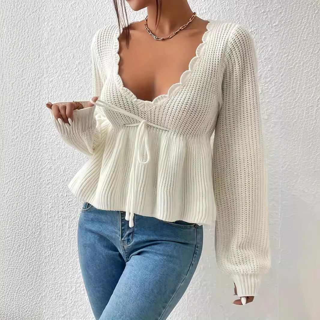 Autumn Winter Sexy Large V neck Pullover Knitted Sweater - ALTARIA