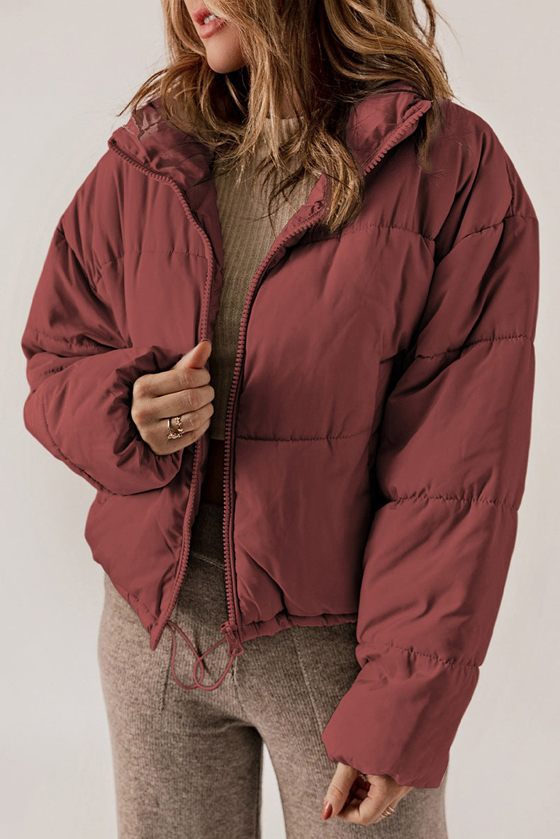 Casual All Matching Solid Color Warm Keeping Cotton Padded Coat Women Winter Stand Collar Thick Zipper Jacket Women - ALTARIA