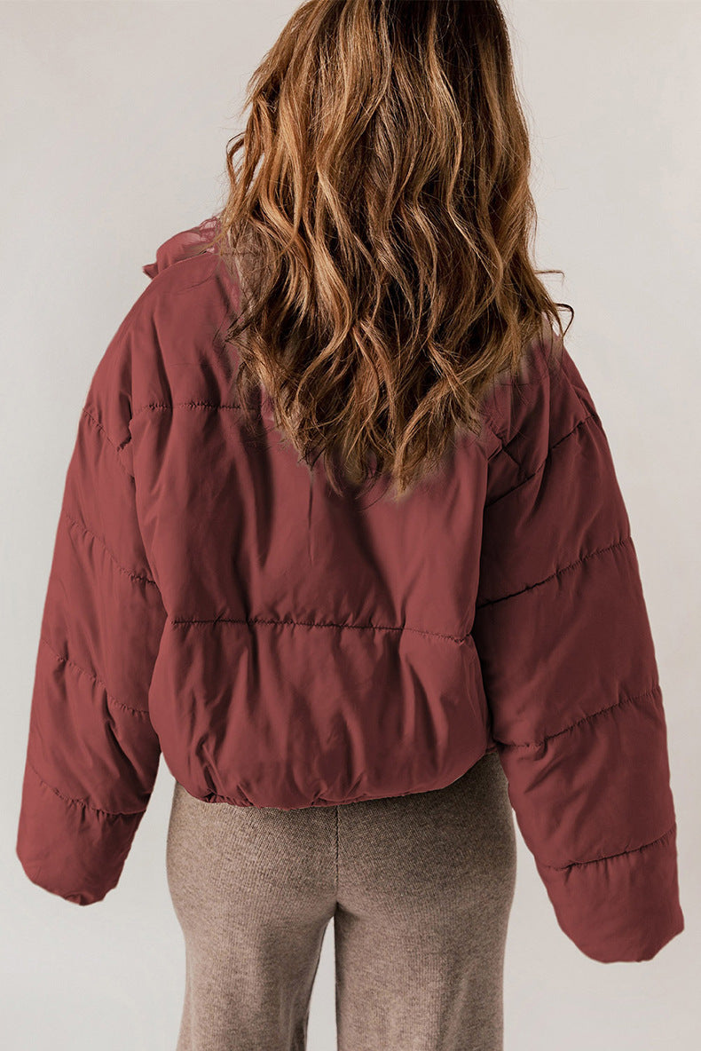 Casual All Matching Solid Color Warm Keeping Cotton Padded Coat Women Winter Stand Collar Thick Zipper Jacket Women - ALTARIA