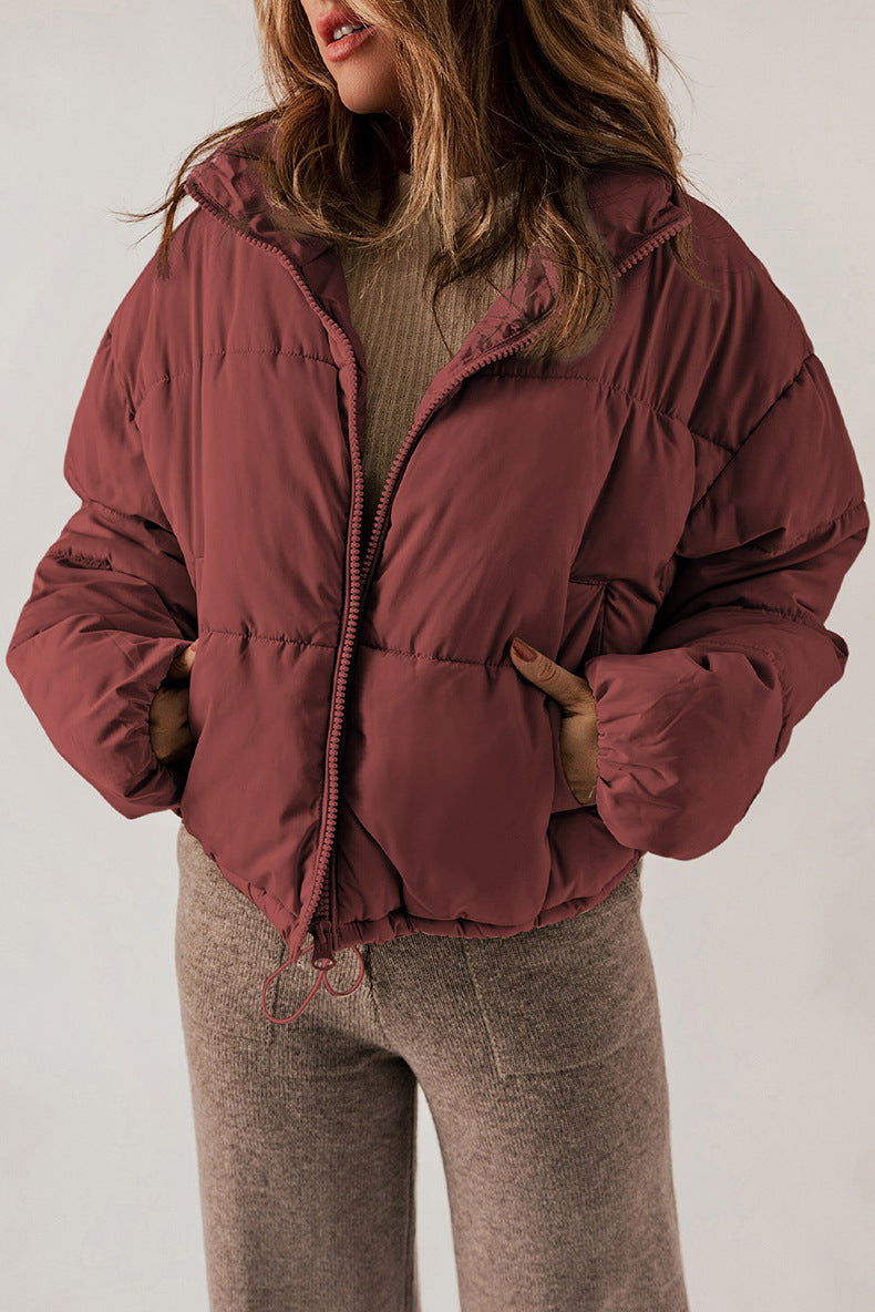 Casual All Matching Solid Color Warm Keeping Cotton Padded Coat Women Winter Stand Collar Thick Zipper Jacket Women - ALTARIA
